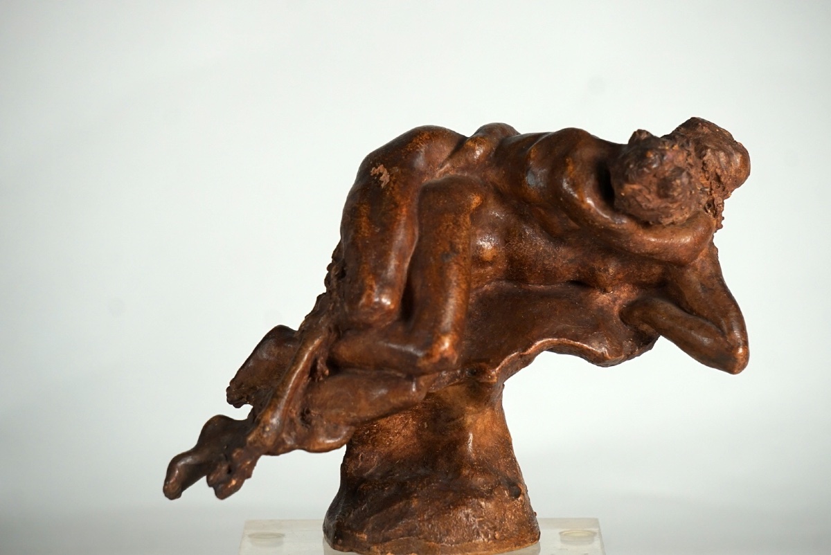 Jules Desbois (1851-1935) – "Le Baiser", Raro Bozzetto in Terracotta Patinata