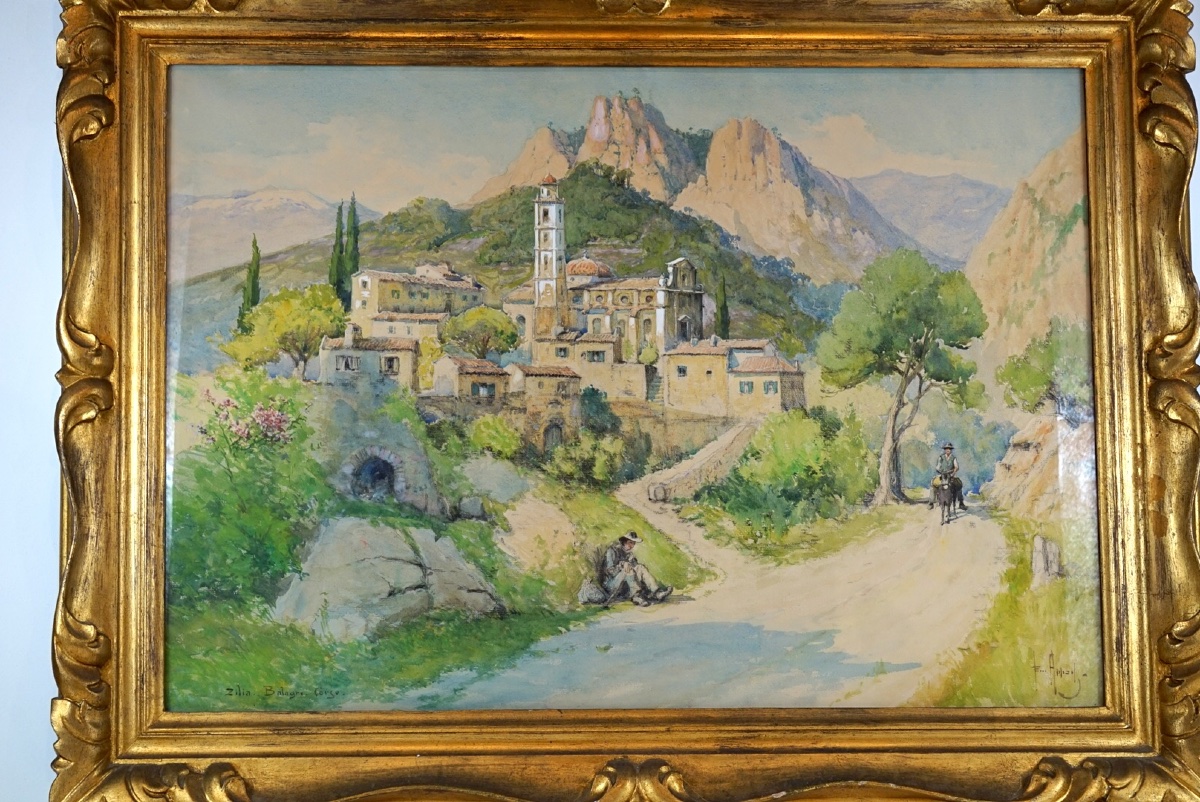 Monumentale Coppia di Acquerelli di Émile Appay (1876–1935) – "Zilia (Corsica)" & "La Scierie -photo-2