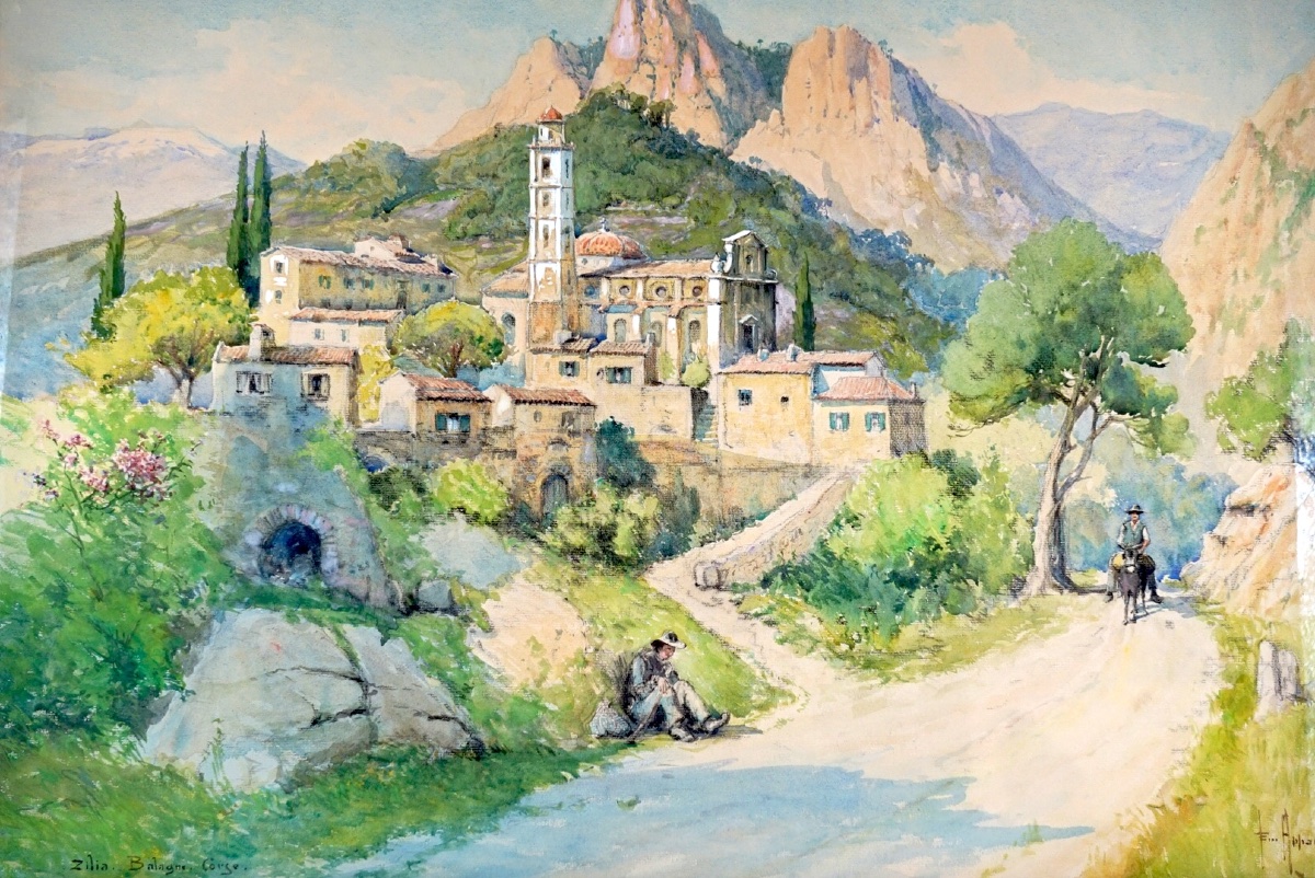 Monumentale Coppia di Acquerelli di Émile Appay (1876–1935) – "Zilia (Corsica)" & "La Scierie -photo-4