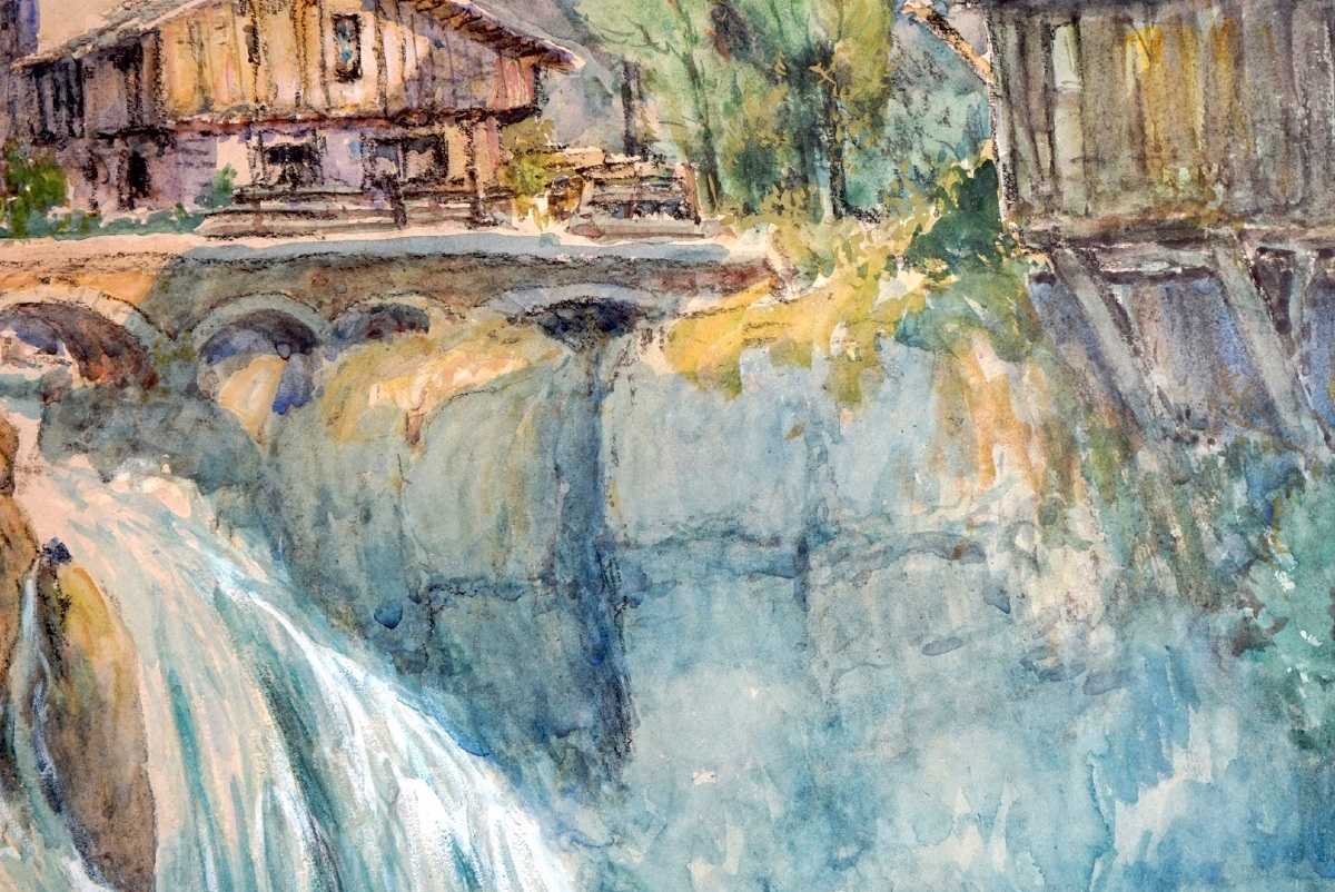Monumentale Coppia di Acquerelli di Émile Appay (1876–1935) – "Zilia (Corsica)" & "La Scierie -photo-1