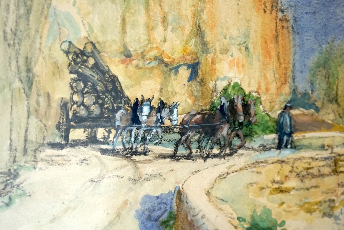 Monumentale Coppia di Acquerelli di Émile Appay (1876–1935) – "Zilia (Corsica)" & "La Scierie -photo-5