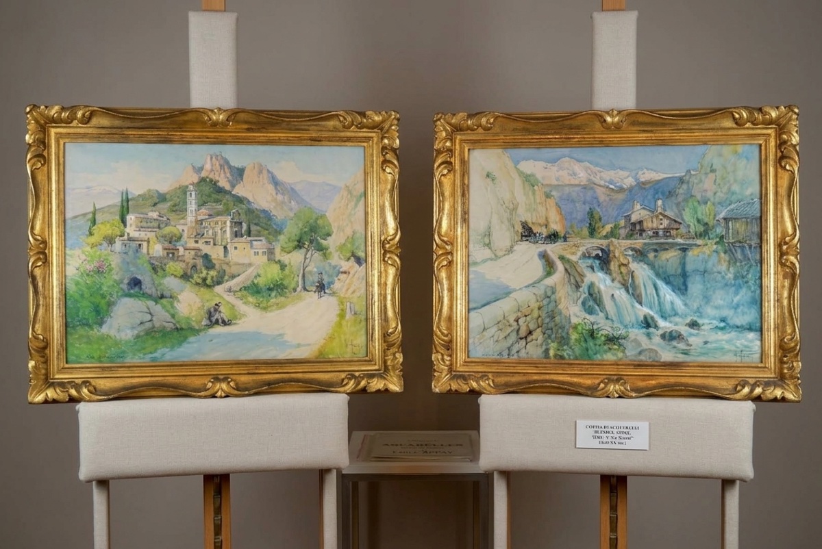 Monumentale Coppia di Acquerelli di Émile Appay (1876–1935) – "Zilia (Corsica)" & "La Scierie 