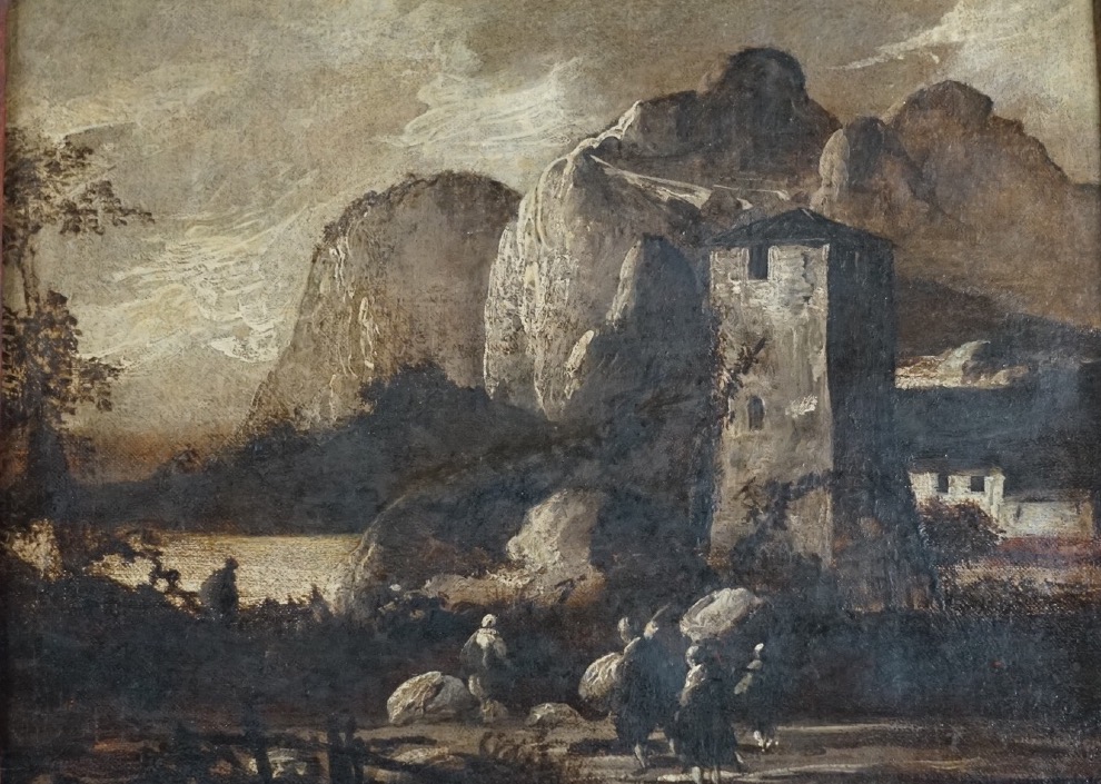 Paesaggio alpino con fortezza e viandanti – Attribuibile ad Antonio Cioci  (Pieno XVIII secolo)-photo-4