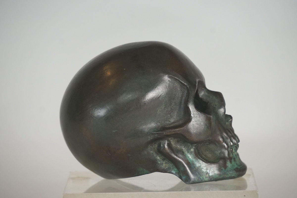 Imponente Scultura Memento Mori in Bronzo Cavo con Patina Verdigris (12 cm)-photo-3