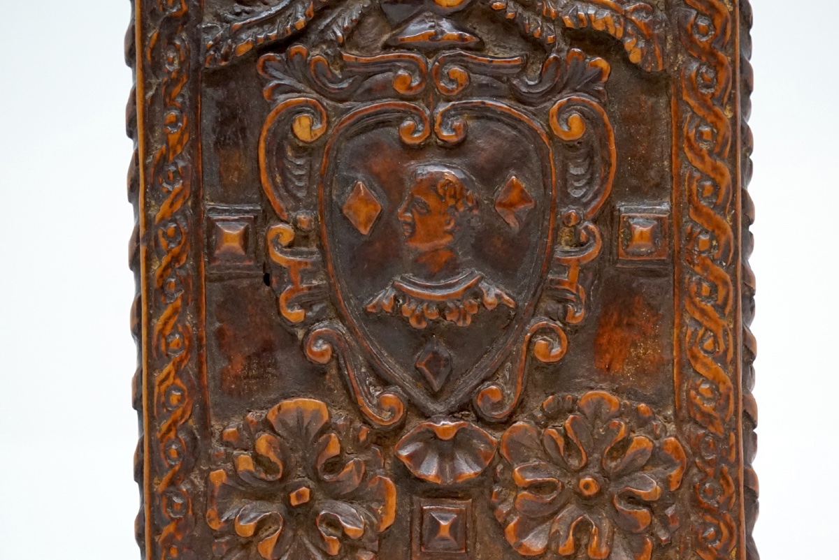 Raro specchio da tasca scorrevole in bosso scolpito – Iconografia massonica e stemmi, Francia, -photo-1