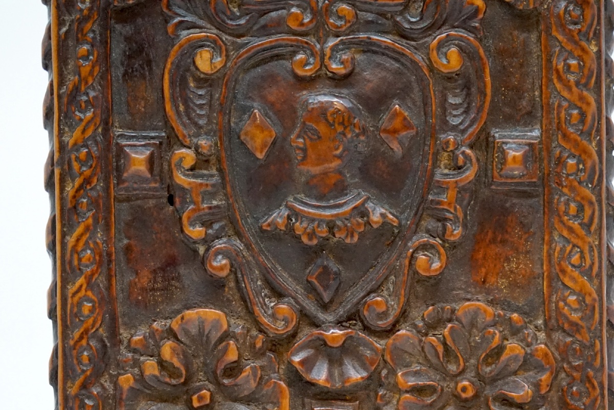 Raro specchio da tasca scorrevole in bosso scolpito – Iconografia massonica e stemmi, Francia, -photo-2