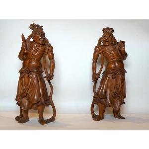 Rara Coppia di Sculture in Legno di Bosso raffiguranti i Kongōrikishi (Niō)