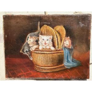 Kittens Oil On Canvas 19th Century