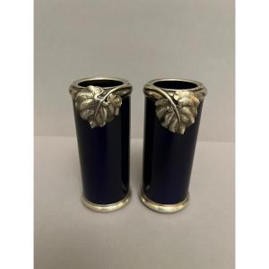 Pair Of Cobalt And Silver Vases 