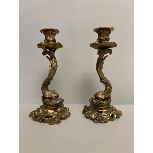 Pair Of Chiseled Bronze Candlesticks 