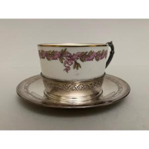 Porcelain Cup With Silver Decoration Et Saucer