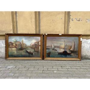 Pair Of Paintings, Oil On Canvas, Landscapes Of Venice.