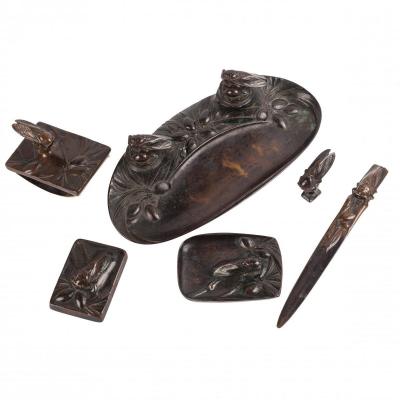 Maurice Daurat Bronze Inkwell Set With Cicadas