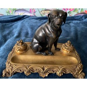 Dog Inkwell In Gilt And Patinated Bronze.