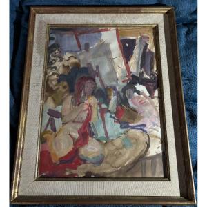 Femme A Genoux Au Milieu d'Un Atelier