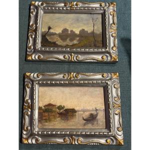 Pair Of Miniature Paintings. View Of Venice