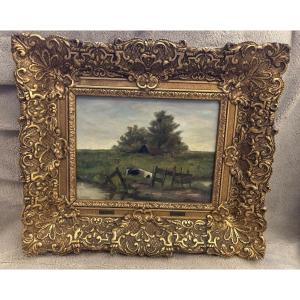 Oil On Canvas "cow In A Meadow" Cj Vos