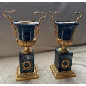 Pair Of Directoire Style Urns In Gilt Bronze And Marble
