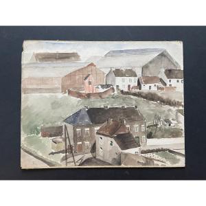 Original Watercolor Signed Pol Bury View Of A Village 