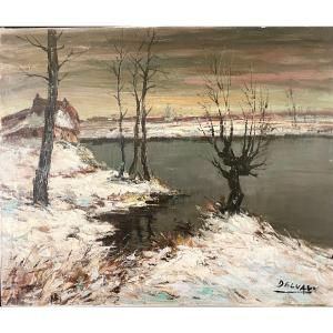 "snow Landscape" Oil On Canvas Signed 