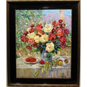 Alexander Shadrin (russian, Born 1942) Still Life With Roses And Fruits