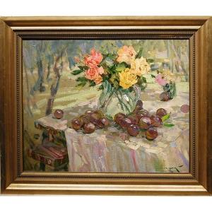 Alexander Shadrin (russian, Born 1942) Still Life With Roses And Plums
