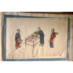 Rice Construction" Album, 13 Chinese Paintings On Rice Paper, From Atjeh Province, Sumatra, 19th Century