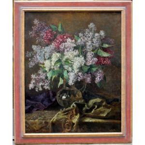 Bouquet Of Lilacs In A Glass Decanter By Stefanie Trauttweiller (austrian, Born 1888)