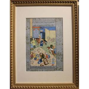 ” Scene In The Front Of Palace“, Persian / Moghol Traditional Miniature Art, Early 20th Century 
