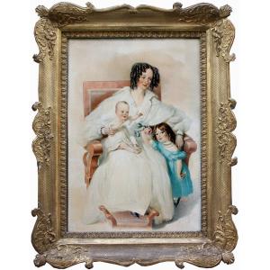"mother With Two Children" By Alexander Clarot (1796-1842), Watercolor