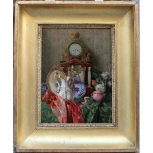 Still Life With Roses, Mantel Clocks And Porcelain By Josef Schuster (1873 - 1945)