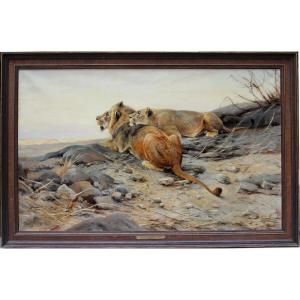 Monumental Painting “lion And Lioness” By Wilhelm Lorenz (german, 1901 - Cologne - 1981)
