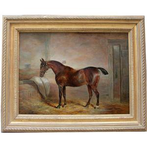 Racehorse In The Stable By Thomas Hillier Mew (british, Fl.1850-1875)