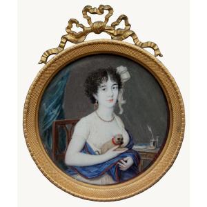 French Miniaturist, Circa 1810 Title: Lady With Her Favorite Dog