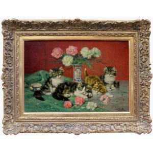Daniel Merlin (french, 1861 - 1933) Kittens And Flowers