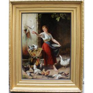 Girl Feeding Birds By Jean Lulves (franco-german, 1833 Mulhouse - 1889 Berlin)
