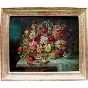 Hans Zatzka (austria 1859-1945), Still Life With Flowers, Birds And Butterflies
