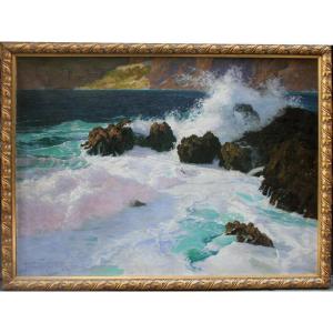 Surf On The Rocky Coast Of Capri By Paul Von Spaun (1876 - 1932).