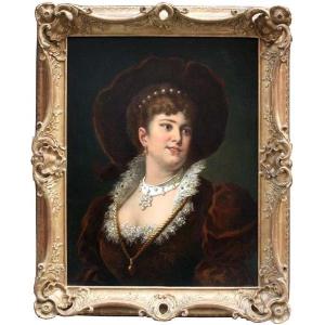 Portrait Of A Lady In Renaissance Clothing By Anton Ebert (austrian 1845-1896)