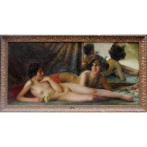 Monumental Nude Painting With Two Lovers, Spanish Painter, 19th Century