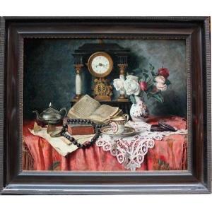 Franz Krischke (austrian 1885-1960) Still Life With Clock And Antiques