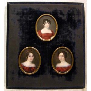 Set Of 3 Miniatures By Marie-marguerite-françoise Rouchier, Maiden Name Jaser (born In 1782)