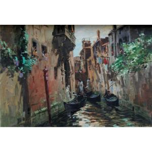 Scene In A Venetian Canal By Cosimo Privato (venice 1899-1971)
