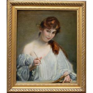 Portrait Of A Young  Female Artist, French Painter Of 19th Century