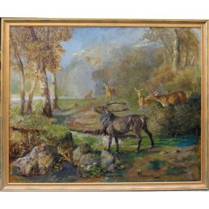 Hunting Scene With A Family Of Deer By Joseph Von Berres-perez (1821-1912)