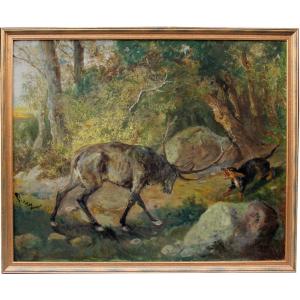 Hunting Scene With Deer And Dog By Joseph Von Berres-perez (1821-1912)