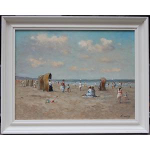 Beach Scene By L. Van Vugt (netherlands, 20th Century)