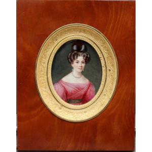 Rosalie Renaudin (french, Active 1805–1840) Miniature Of A Young Woman In A Red Dress