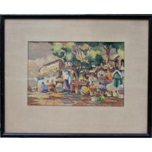 Market Scene In Quito, Ecuador By Hernando Mejia Carrasquilla (venezuelan, 1940-50s)