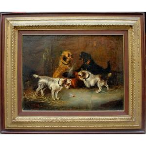 Playful Terriers In A Barn By Frank Cassell (british, 1862-1908)